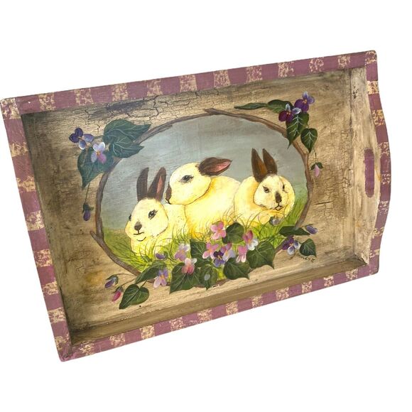 Vintage Bunny Rabbit Easter Tray | Hand Painted Wood Serving Vanity Tray - Picture 5 of 12